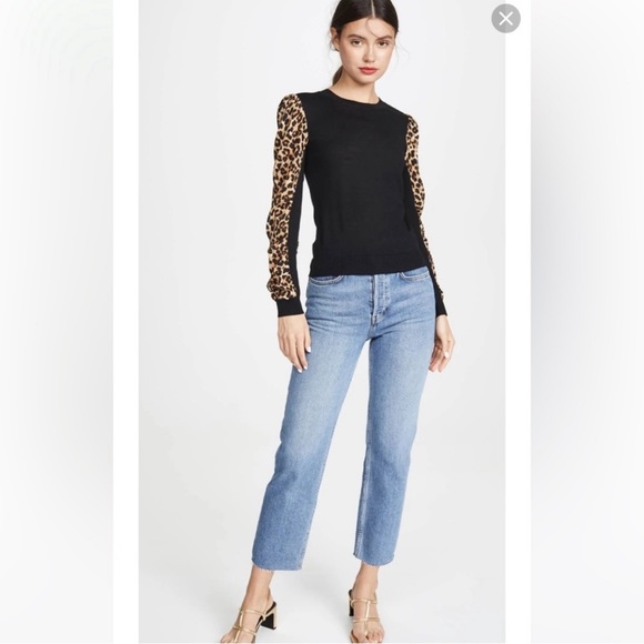Veronica Beard Adler Mixed Media Animal Print Leopard Wool Black Sweater - Picture 3 of 7